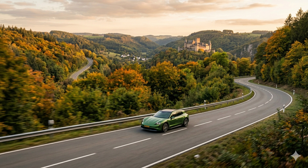 EV rijder geniet van stille elektrische toer door bergwegen met uitzicht