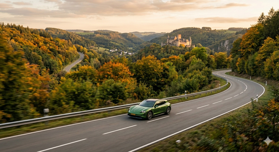 EV rijder geniet van stille elektrische toer door bergwegen met uitzicht